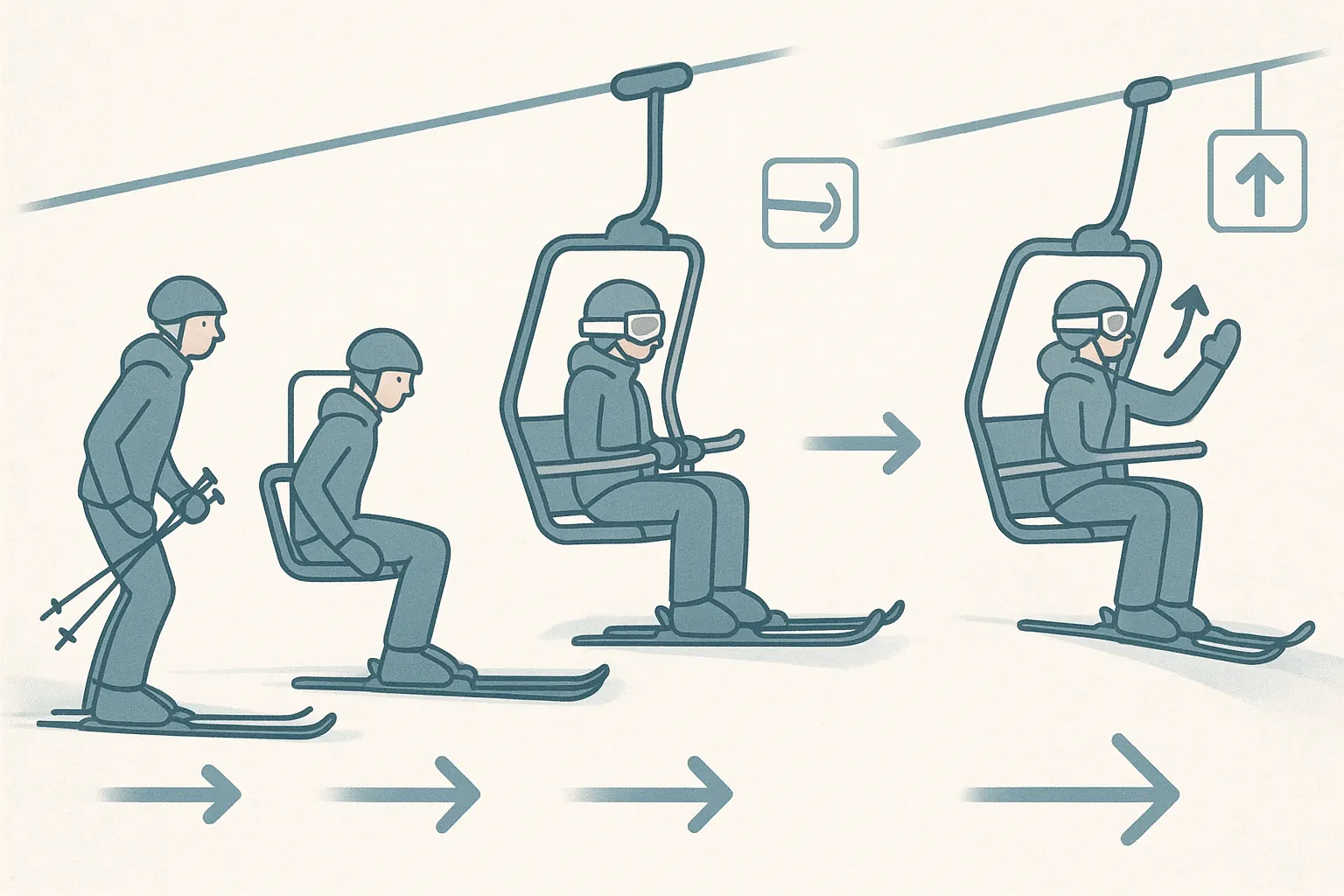 Board, ride, and unload from a chairlift safely: prepare, sit and lower bar, ride calmly, raise bar on signal, glide straight out.