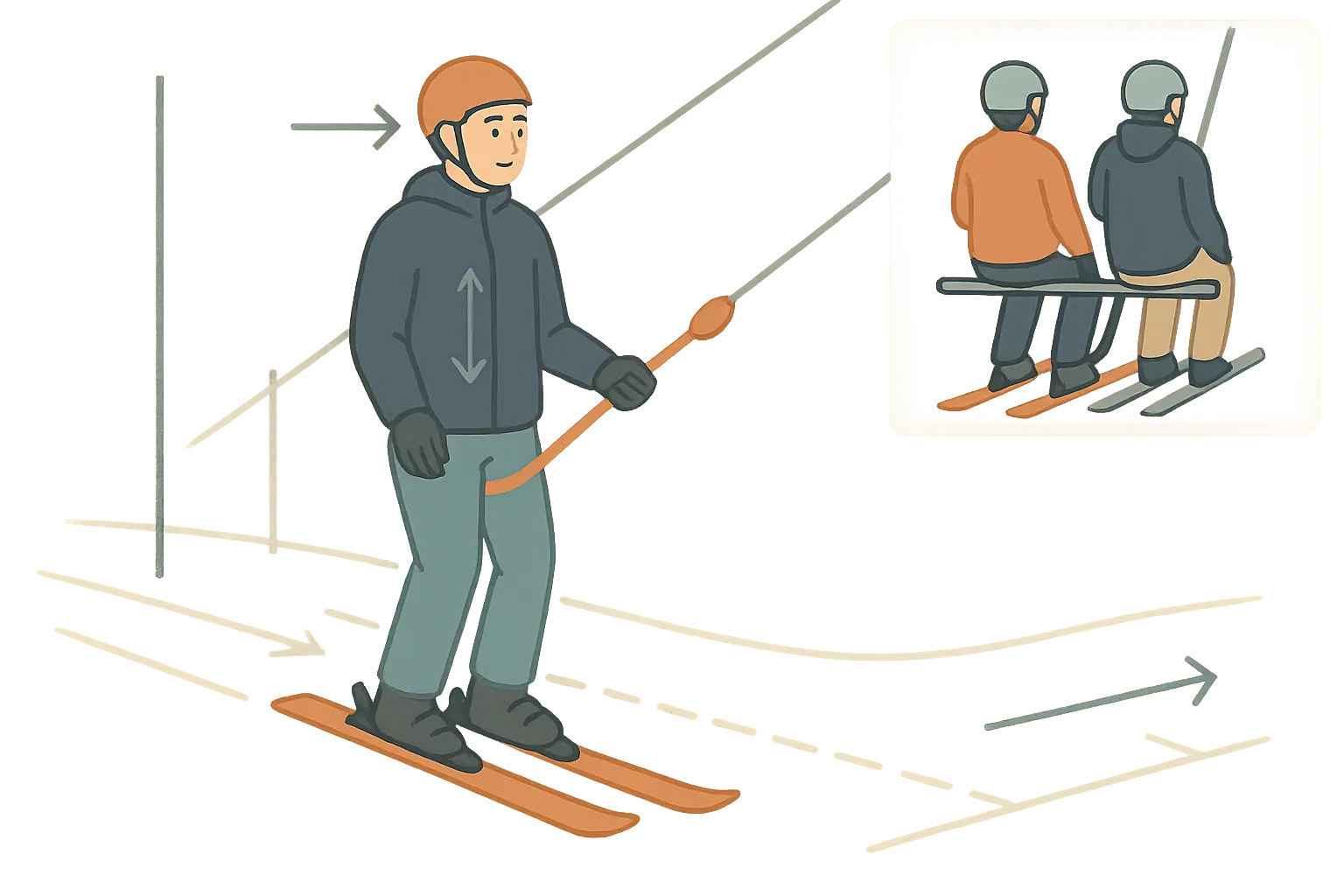 Beginner using surface lift: relaxed stance, skis parallel, hold lightly, release safely at exit.