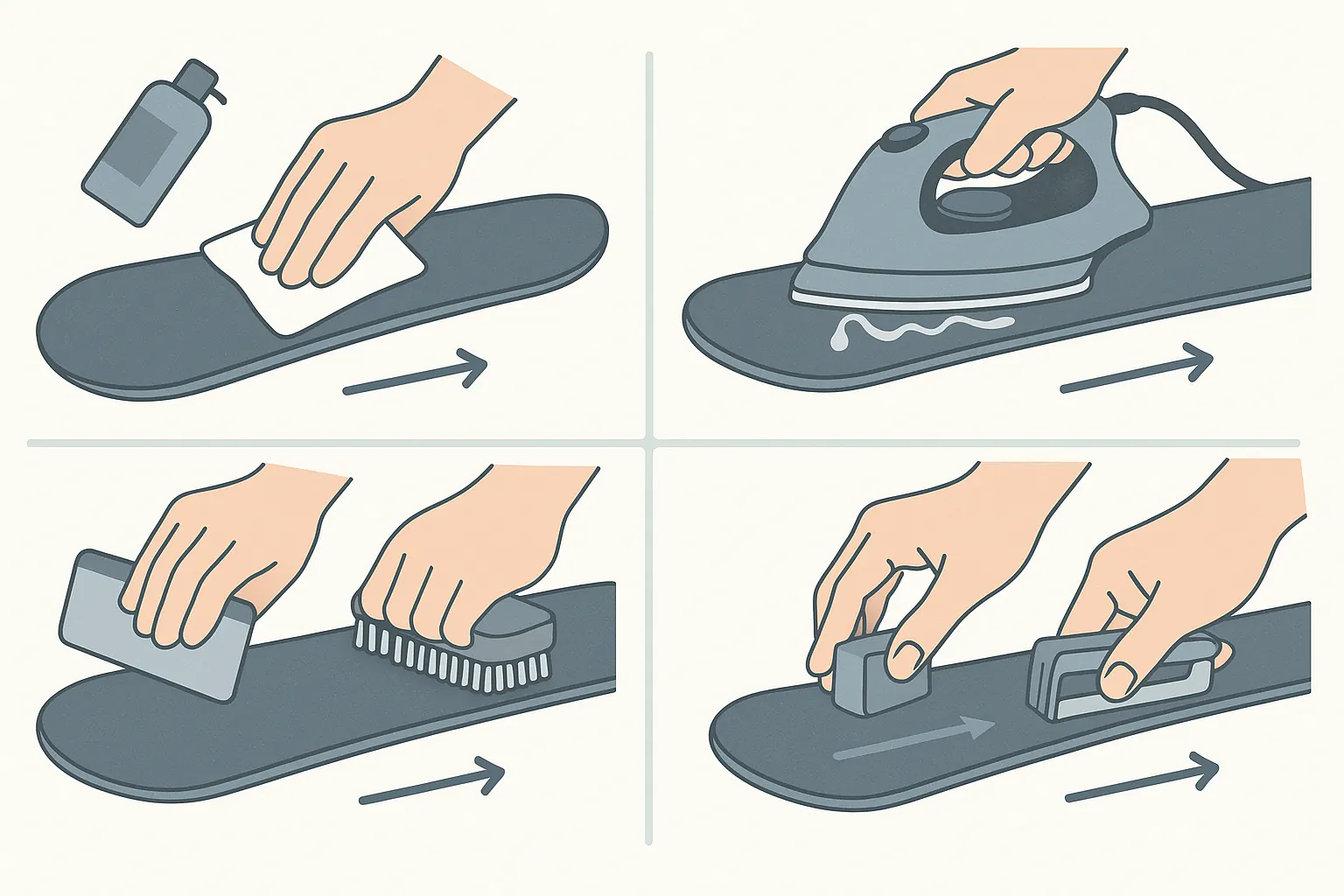 Waxing & edging basics: clean base, hot-wax and iron evenly, scrape & brush tip-to-tail, deburr and lightly sharpen edges.