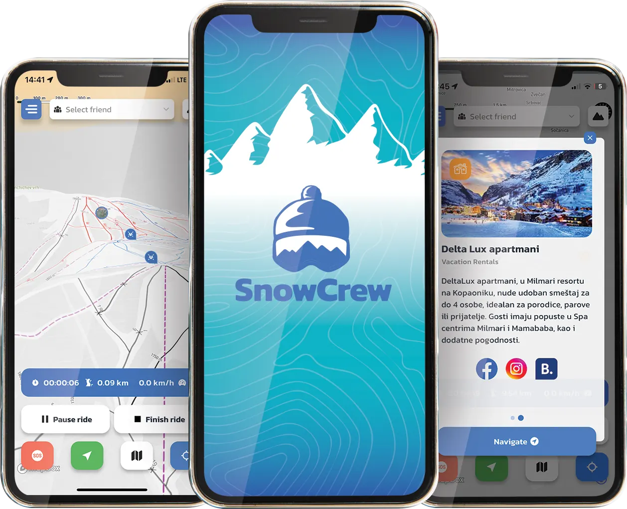 SnowCrew app screens: crew map, regroup pin and shared runs